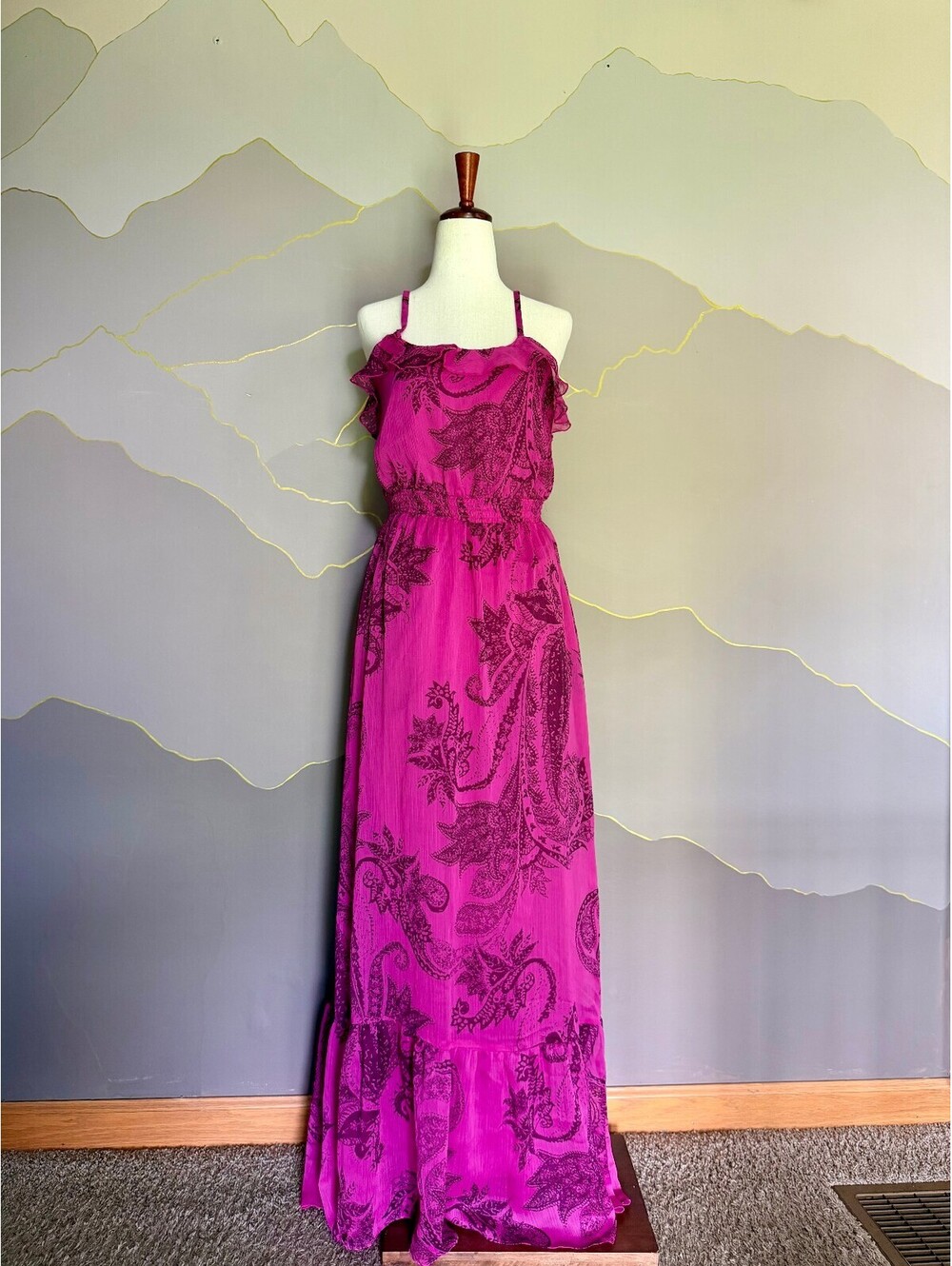 Fuchsia Pink Paisley Maxi Dress Ruffle Boho Festival Spaghetti Strap Women's XS